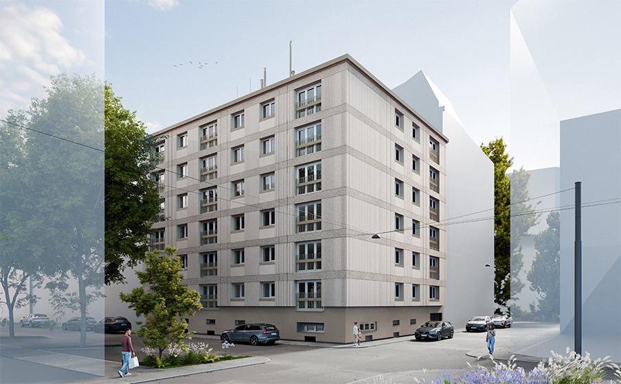 Ein siebenstöckiges Wohnhaus an einer Straßenecke, umgeben von Bäumen und geparkten Autos, mit Menschen, die in der Nähe spazieren gehen.