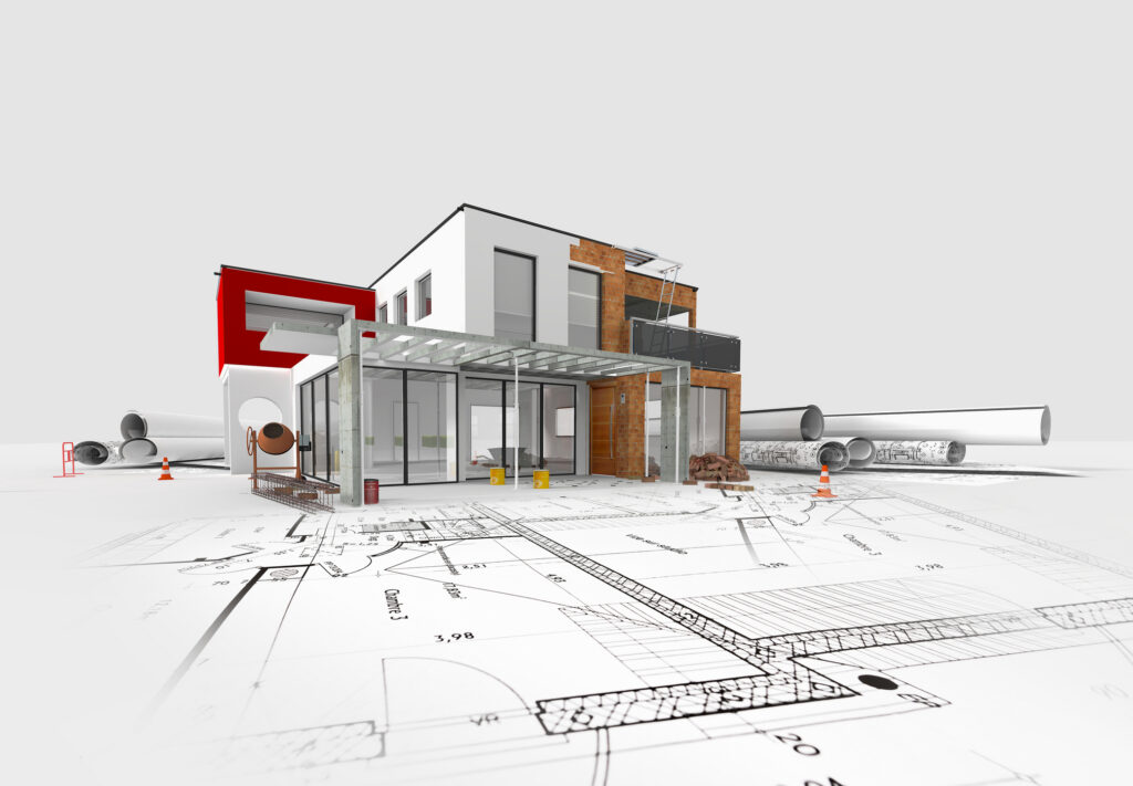 Ein digitales 3D Modell steht auf einem Bauplan