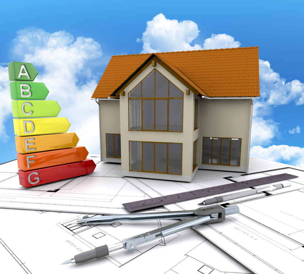 Ein Haus steht neben den Energiezertifizierungen, davor liegen Designwerkzeuge